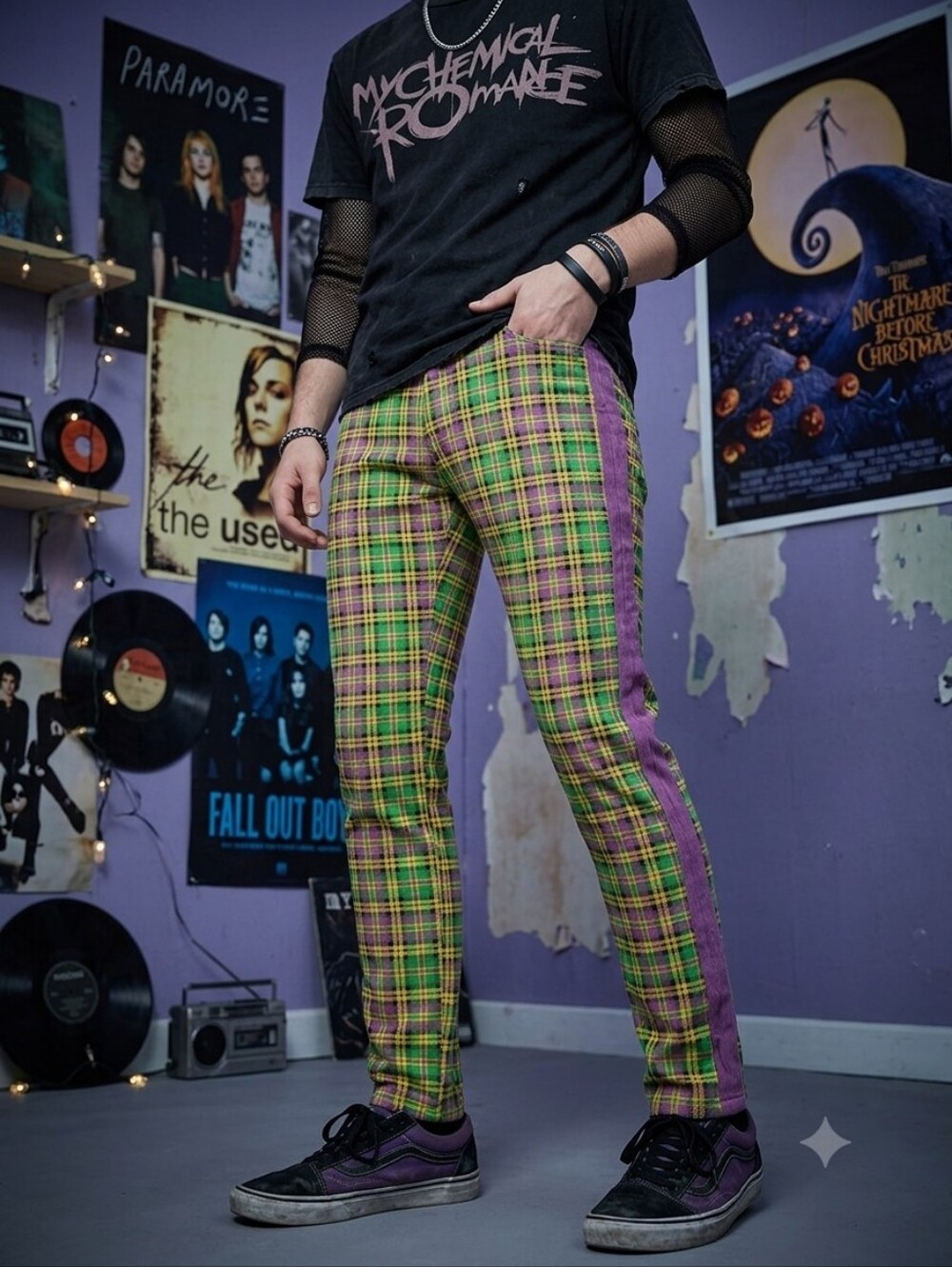 Decibel Unisex Plaid Racer Stripe Emo Skinny Jeans Size 30×32 Green Purple... - Picture 4 of 16